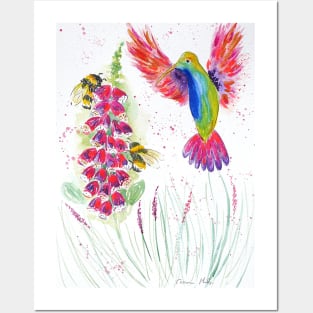 Cute Hummingbird, bumblebees and Foxglove Posters and Art